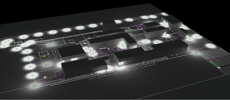 render de simulación de proyecto de iluminación en áreas públicas y estacionamientos