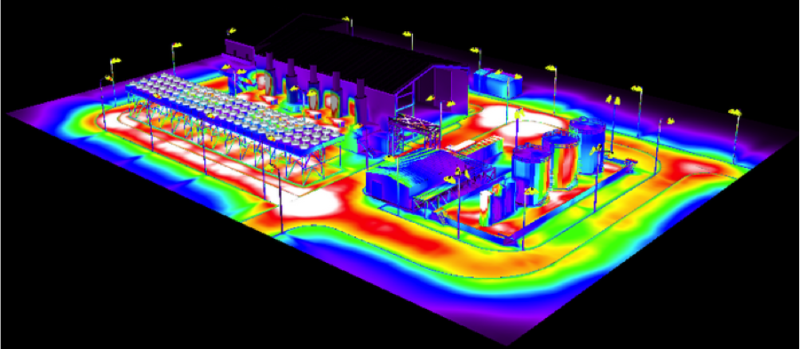 render de simulación de proyecto industrial de iluminación
